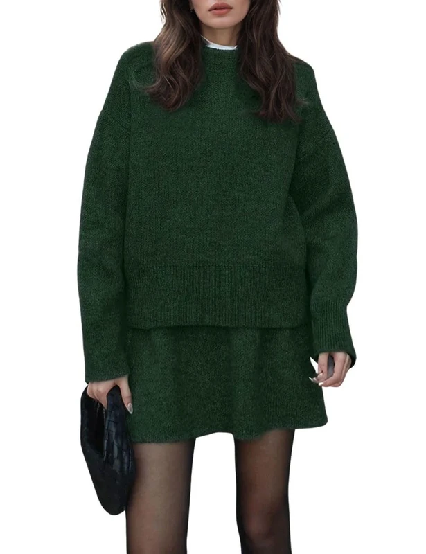 CHARTOU Women Sweater Skirt Sets 2 Pieces Outfits Loose Fit Pullover Sweater Knitted Mini Skirt, Green, S