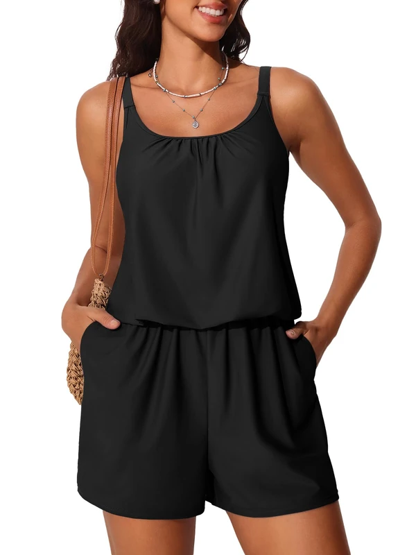 Summer Mae Swim Romper Women's One Piece Swimsuits with Pockets 2025 Blouson Modest Bathing Suits, Black, 14