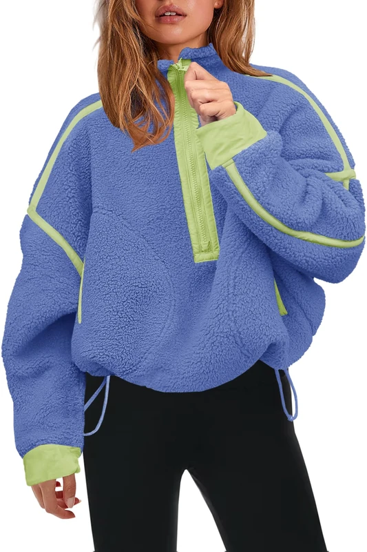 Panadila Womens Half Zip Sherpa Fleece Pullover Soft Oversized Sweatshirt with Pockets Warm Fuzzy Sweater, Blue Green Combo, X-Large - Image 1