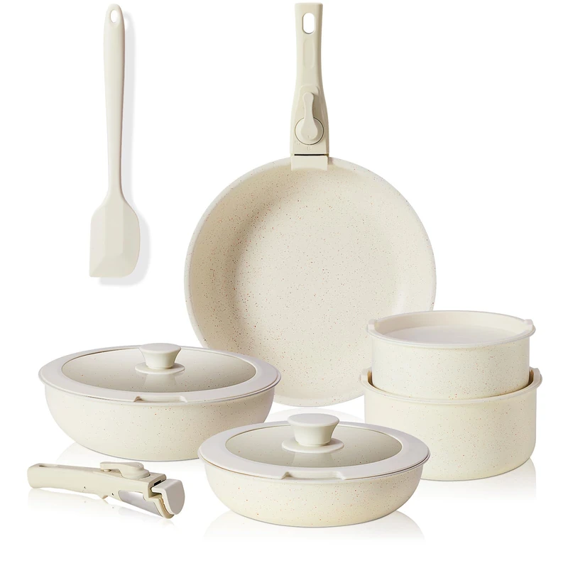 Sweetcrispy Pots and Pans Set, 12-Piece pan Set with Removable Handles, pan 20/26 cm, Pot 18/20 cm, Frying pan 26 cm, Non-Stick Coating, Stackable Cooking Pot, Induction, Oven-Safe