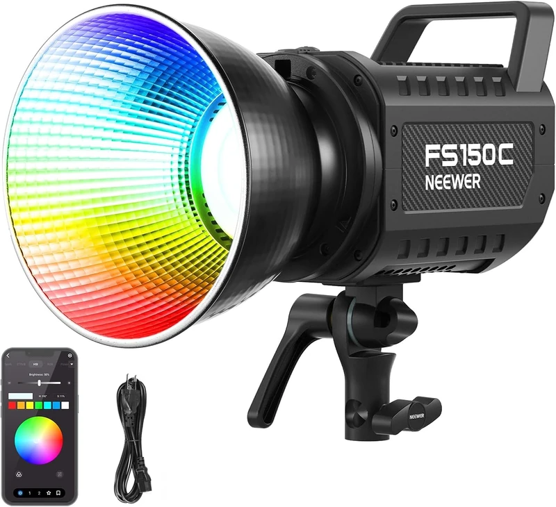 NEEWER 130W RGB LED Light App/Control 2.4G 17 Effects, 2500-7500K 19800lux/1m COB Continuous Lighting Output with CRI97/TLCI98 4 Curves Dimming, Spot Bowens Mount in Studio, FS150C