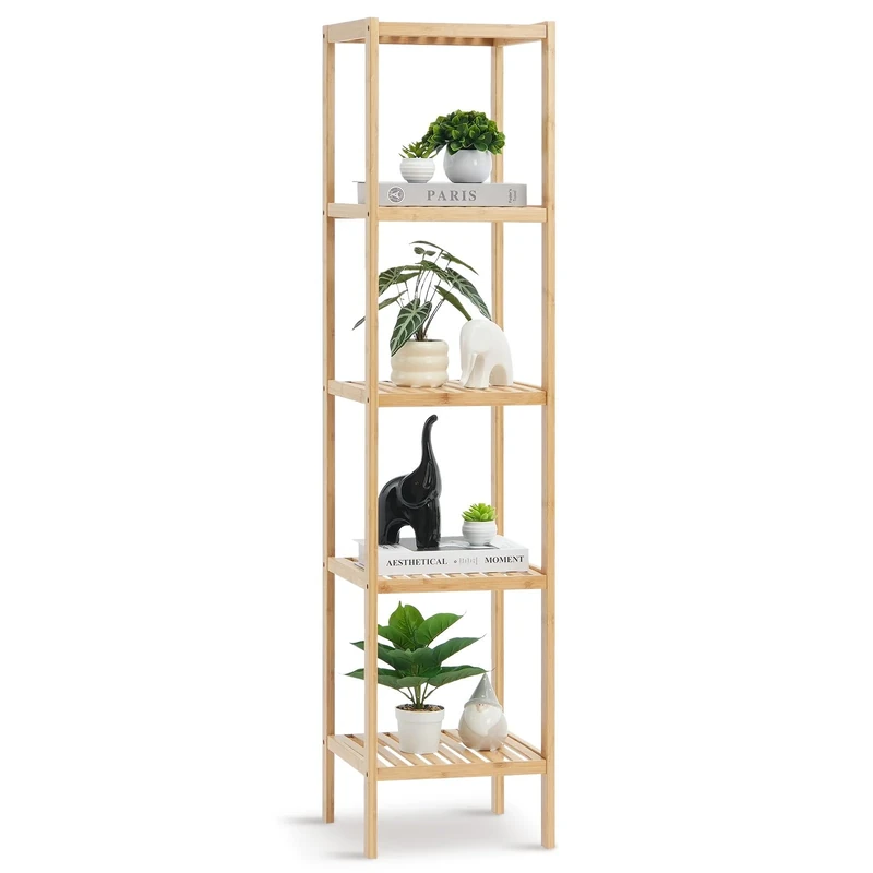 VEVOR 5-Tier Bathroom Standing Shelf, Narrow Shelving Unit, Display Storage Rack Organizer, Freestanding Flower Plant Stand, Multifunctional Bamboo Shelf Ideal for BathRoom, Kitchen, Home, Natural