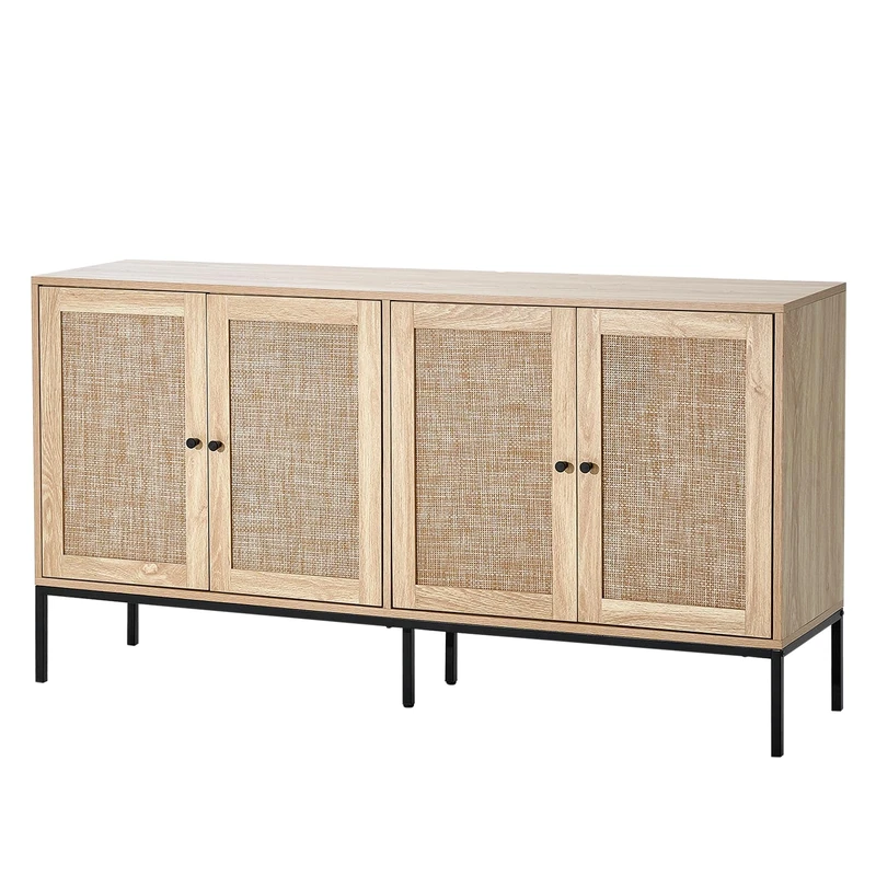 VEVOR Rattan Cabinet, Rattan Storage Cabinet with 4 Magnetic Doors and Adjustable Shelves, Sideboard Buffet Cabinet for Hallway, Entryway, Living Room, or Kitchen, Natural