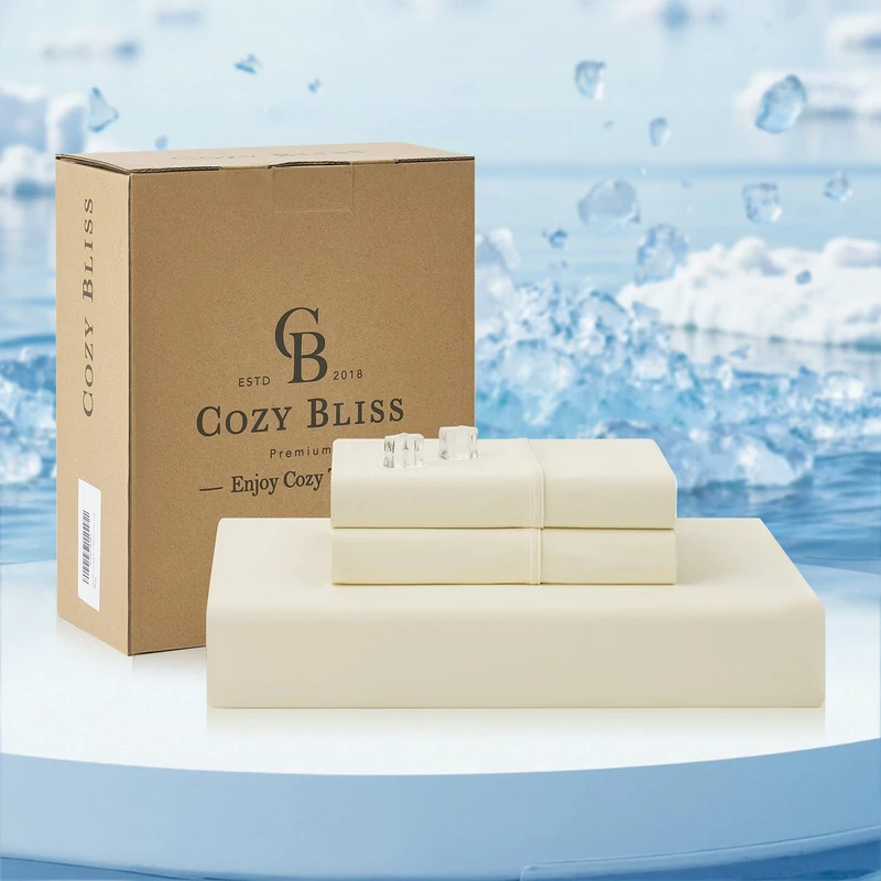 Cozy Bliss Premium Cooling Sheet Set Cali King Size, Q-Max>0.4, 3PCS No Flat Sheet with 2 Pillowcases, Breathable Fitted Sheet for Hot Sleepers & Night Sweats, Deep Pocket Up to 18 Inches, Cream White