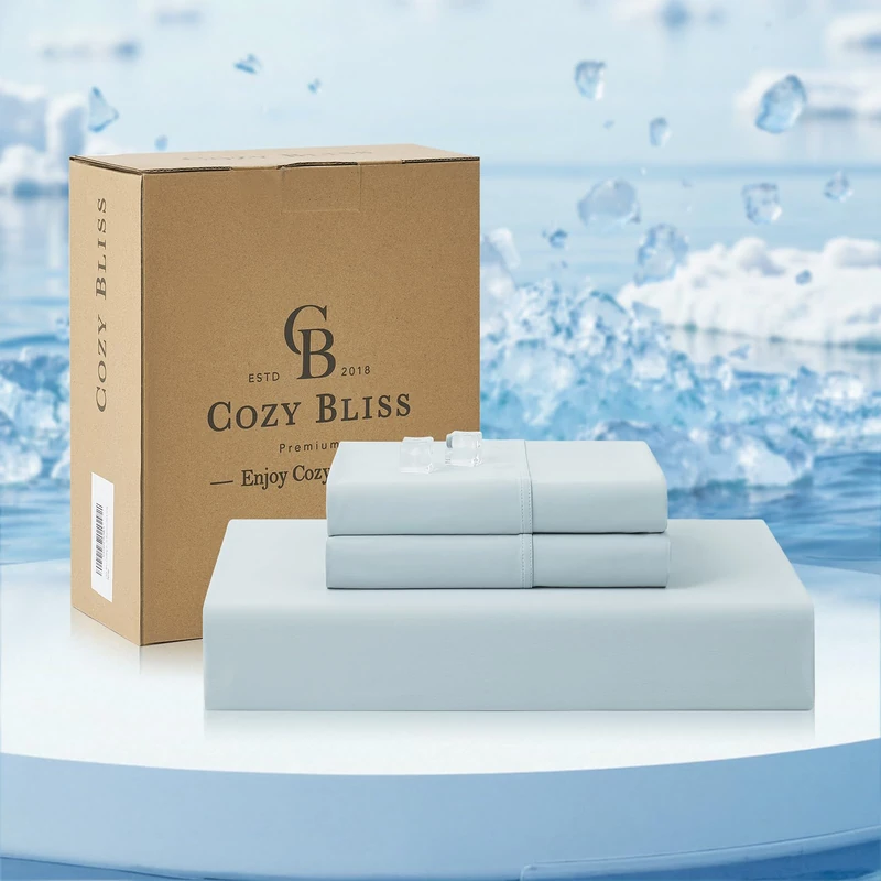Cozy Bliss Premium Cooling Sheet Set King Size, Q-Max>0.4, 3PCS No Flat Sheet with 2 Pillowcases, Breathable Fitted Sheet for Hot Sleepers & Night Sweats, Deep Pocket Up to 18 Inches, Cool Blue