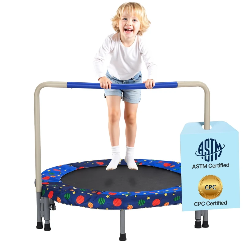 VEVOR 36" Kids Trampoline, 3FT Indoor Outdoor Foldable Mini Trampoline with Handle, Birthday Gift for 3+ Years Children, Boys Girls for Fun, Bule