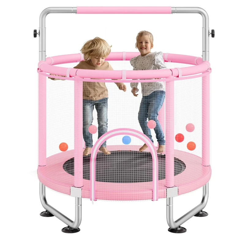 VEVOR 55" Kids Trampoline, 4.6FT Indoor Outdoor Trampoline, Mini Toddler Recreational Trampolinewith Safety Enclosure Net and Basketball Hoop, Birthday Gifts Christmas Toys for 3+ Years Children, Pink