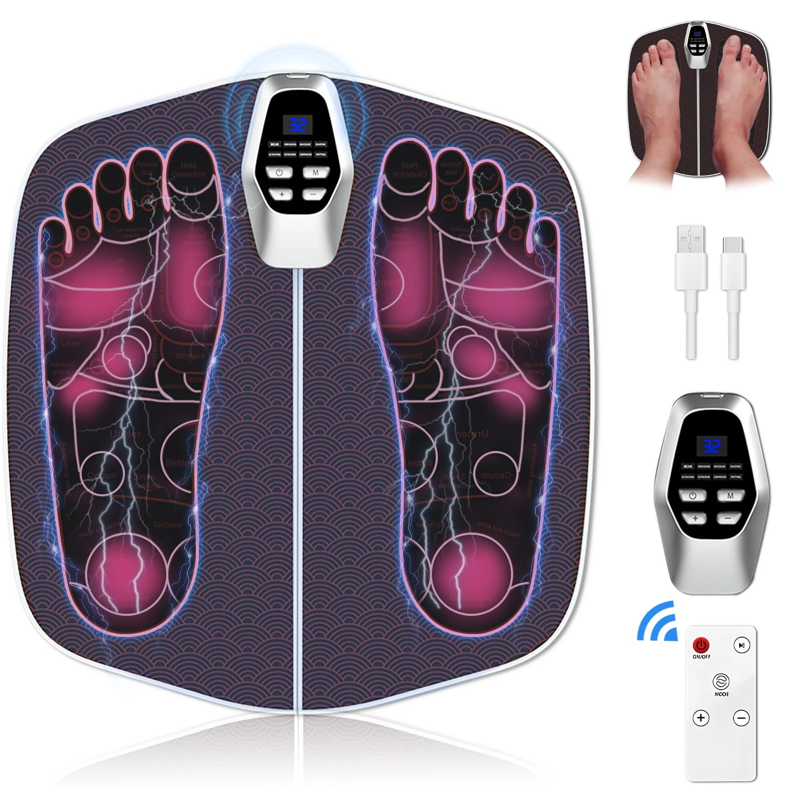 Electric Foot Massagers - EMS Foot Massager for Pain and Circulation - LCD Display with 8 Modes 32 Intensities 20 Minute Recovery for Circulation Rechargeable