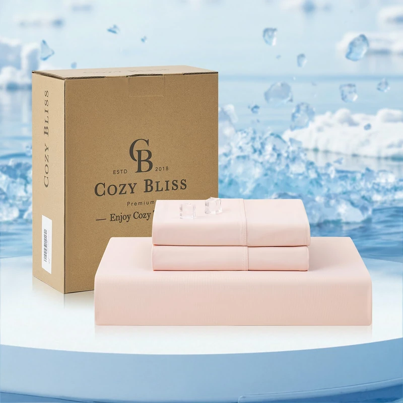 Cozy Bliss Premium Cooling Sheet Set King Size, Q-Max>0.4, 3PCS No Flat Sheet with 2 Pillowcases, Breathable Fitted Sheet for Hot Sleepers & Night Sweats, Deep Pocket Up to 18 Inches, Pink