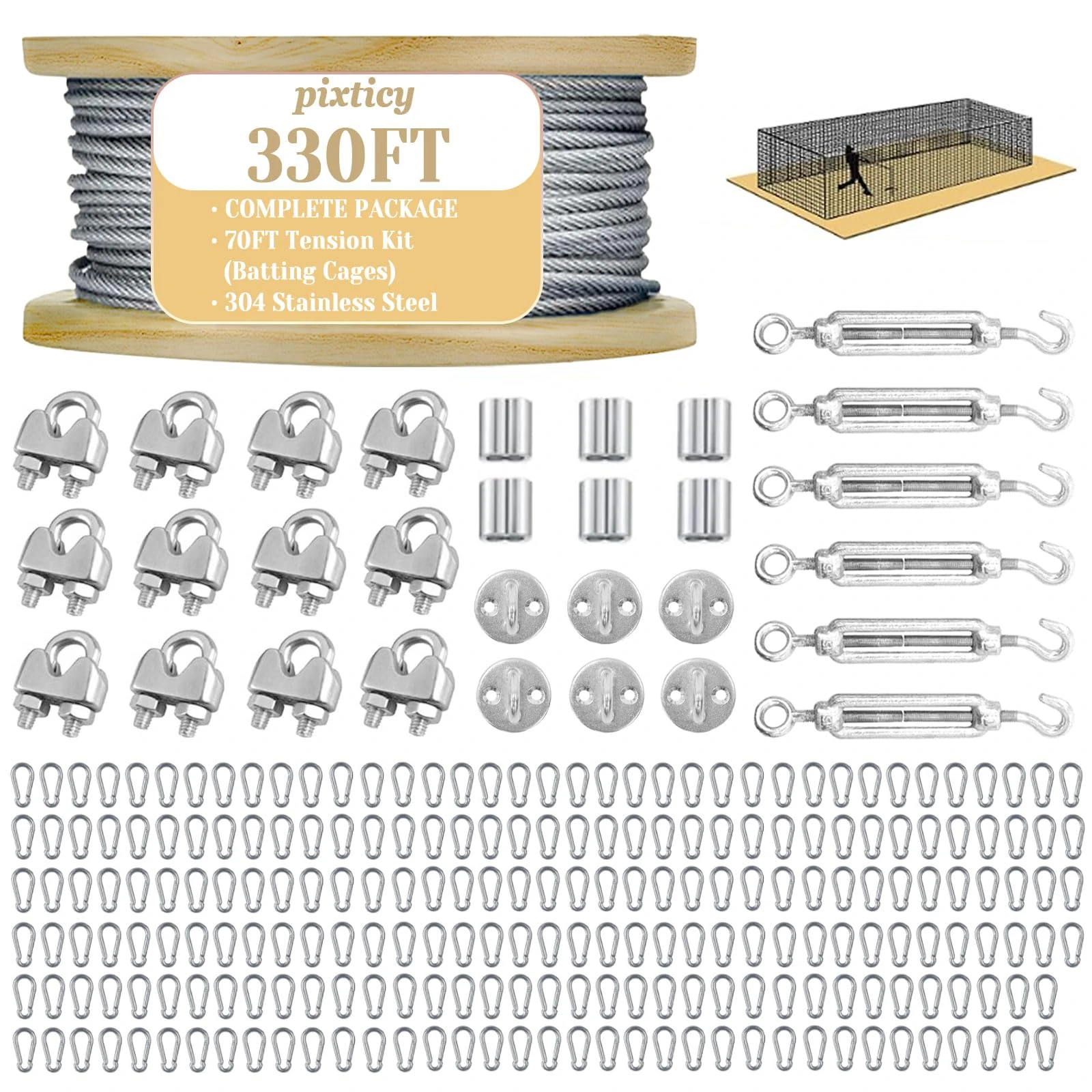 Batting Cage Netting Wire Stainless Steel Tension Kit, Batting Cage Suspension Kits, Durable Heavy Duty Net Hanging Kits, DIY Cable Kit for Baseball & Softball Hitting Tunnels (70ft)