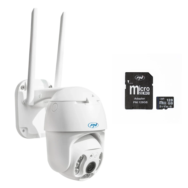 PNI IP65 live PTZ 5MP, GSM 4G video surveillance camera package + 128GB MicroSD memory card with SD adapter