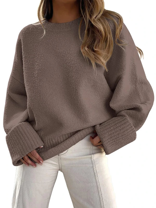 Jhsnjnr Jumpers for Women Long Sleeve Knitted Pullover Tops Drop Shoulder Oversized Crew Neck Chunky Sweater Light Brown