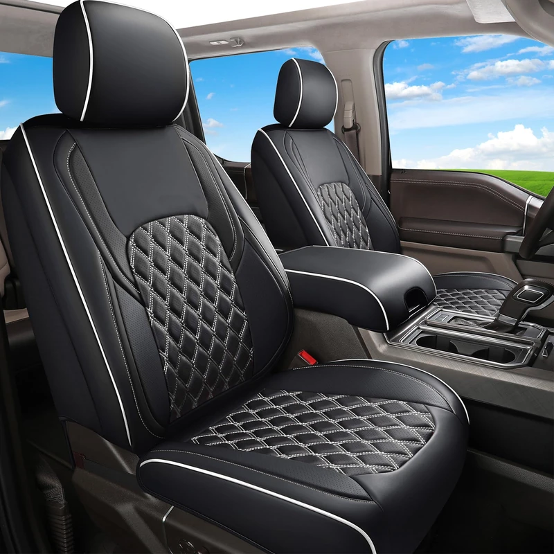 Huidasource F150 Leather Seat Covers Custom Fit for 2015-2024 F150 SuperCrew & 2017-2024 F250 F350 F450 Super Duty Crew Cab XL XLT Lariat King Ranch Platinum(Front Pair/Black&White)