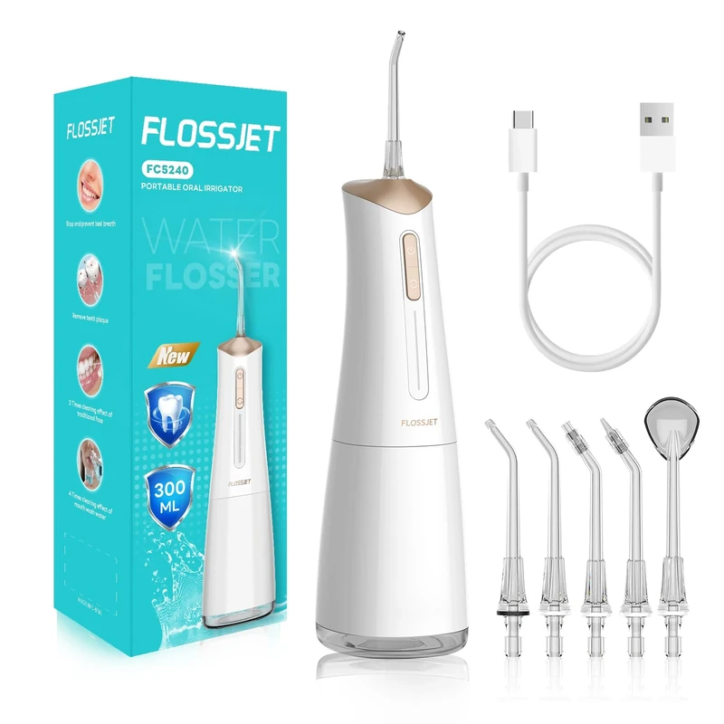 FlossJet Water Dental Flosser for Teeth Cordless with 300ML 4 Cleaning Modes 5 Jet Tips Portable Oral Irrigator USB-Powered Electric Flosser IPX7 Waterproof Irrigator Dental for Home and Travel White