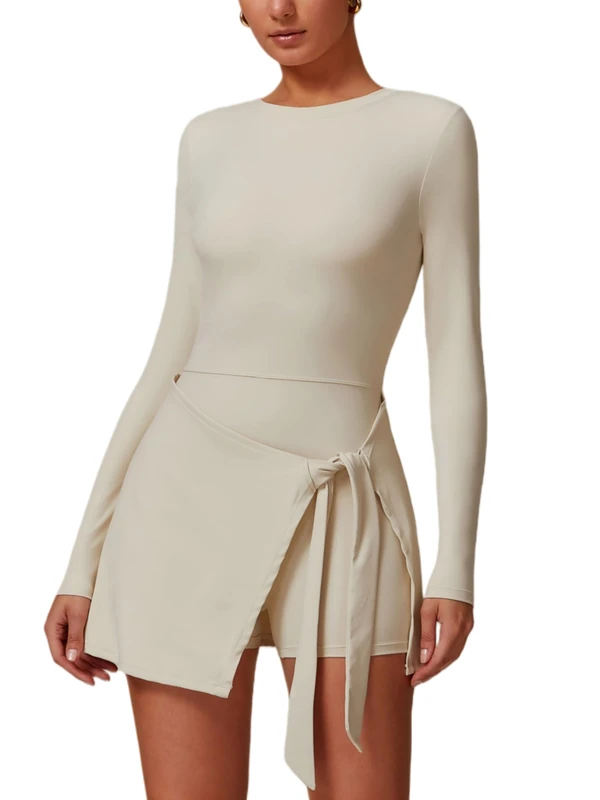 ABOCIW Womens High Neck Tennis Dress Sleeveless Wrap Skirt Built in Shorts Golf Athletic Dress Workout Rompers, Y-Beige, M