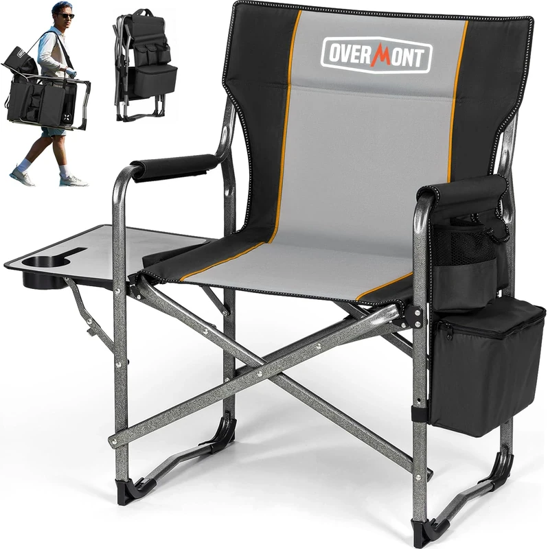OVERMONT Oversize Directors Camping Chairs for Adults - 180kg Heavy-Duty Folding Outdoor Chairs with Foldable Side Table & Cooler Bag for Outside Festival BBQ Beach Picnic Fish