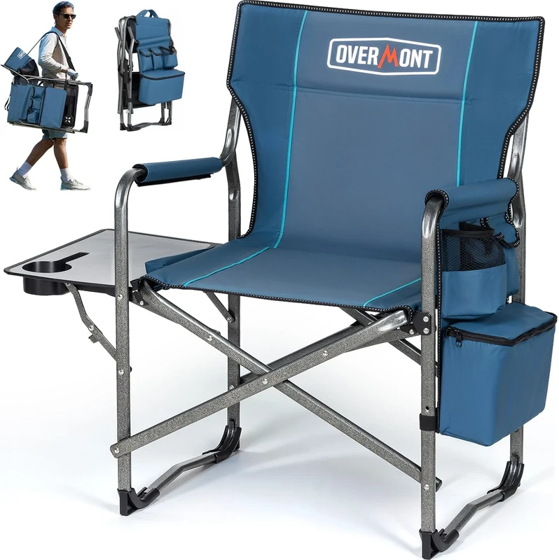 OVERMONT Oversize Directors Camping Chairs for Adults - 180kg Heavy-Duty Folding Outdoor Chairs with Foldable Side Table & Cooler Bag for Outside Festival BBQ Beach Picnic Fish