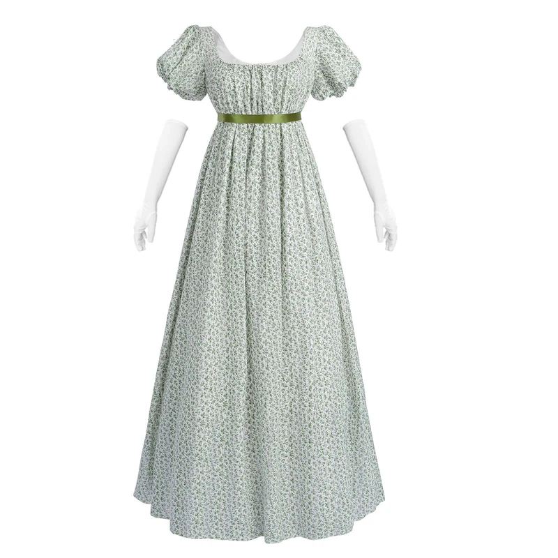 Nuoqi Regency Dresses for Women Floral Regency Era Dress Empire Waist Long Tea Party Dress, Green Floral, Large - Image 1