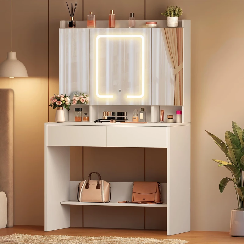 YITAHOME Dressing Table, LED Lights with Adjustable Brightness Vanity Desk with Mirror and Drawers, Vanity Table with Mirror, 2 Drawers and 6 Shelves, Makeup Table Bedroom Dressing Tables