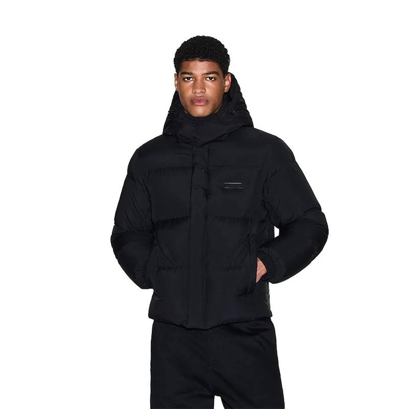Armani Exchange Men's Cuffed Sleeve, Side Logo, Zipped Hood Down Coat, Black, M, black, M