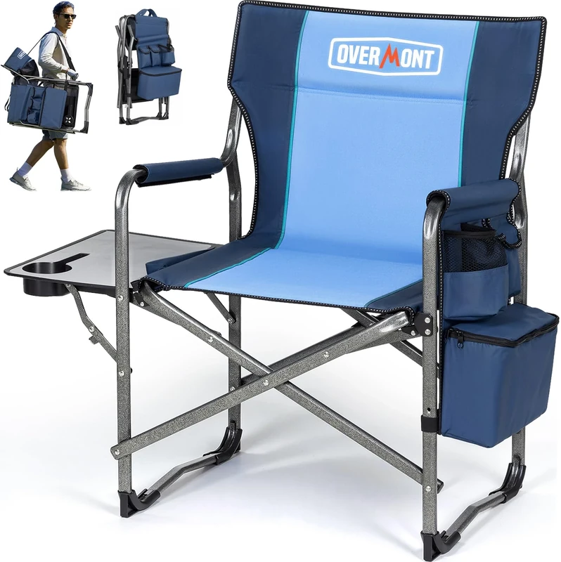 OVERMONT Oversize Directors Camping Chairs for Adults - 180kg Heavy-Duty Folding Outdoor Chairs with Foldable Side Table & Cooler Bag for Outside Festival BBQ Beach Picnic Fish
