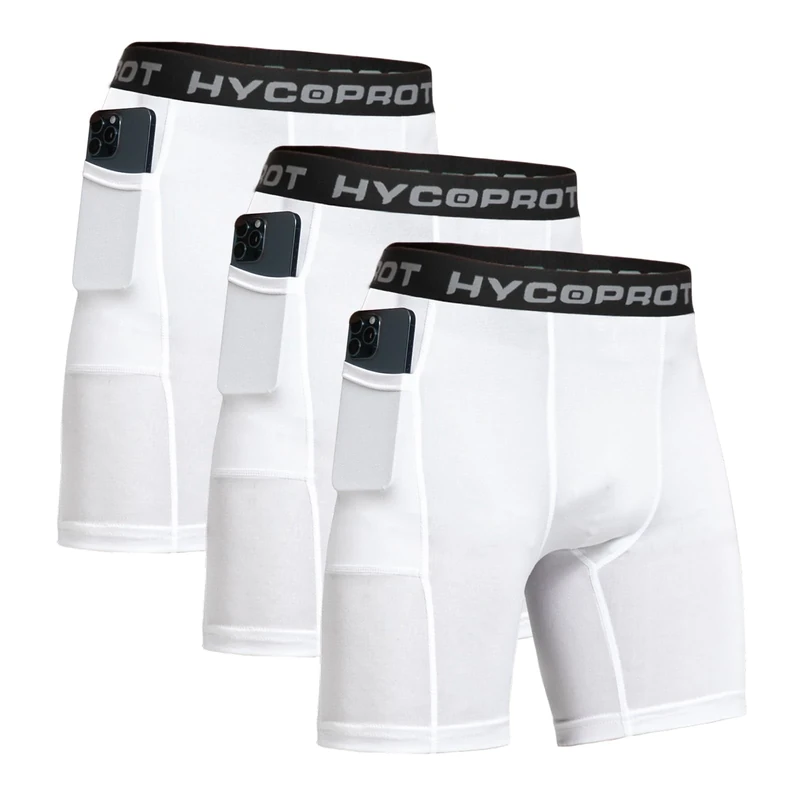 HYCOPROT 1 or 3 Pack Mens Compression Shorts with Phone Pockets Spandex Sports Underwear Athletic Performance Base Layer Shorts Quick-Drying Workout Running Active Tights （White, L）