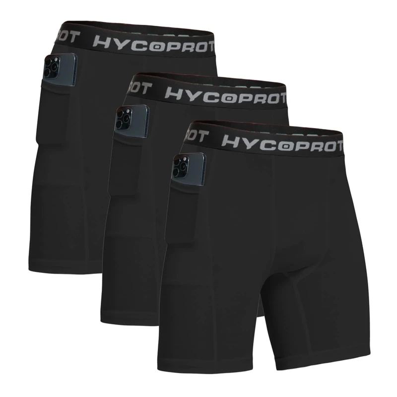 HYCOPROT 1 or 3 Pack Mens Compression Shorts with Phone Pockets Spandex Sports Underwear Athletic Performance Base Layer Shorts Quick-Drying Workout Running Active Tights （Black, L）
