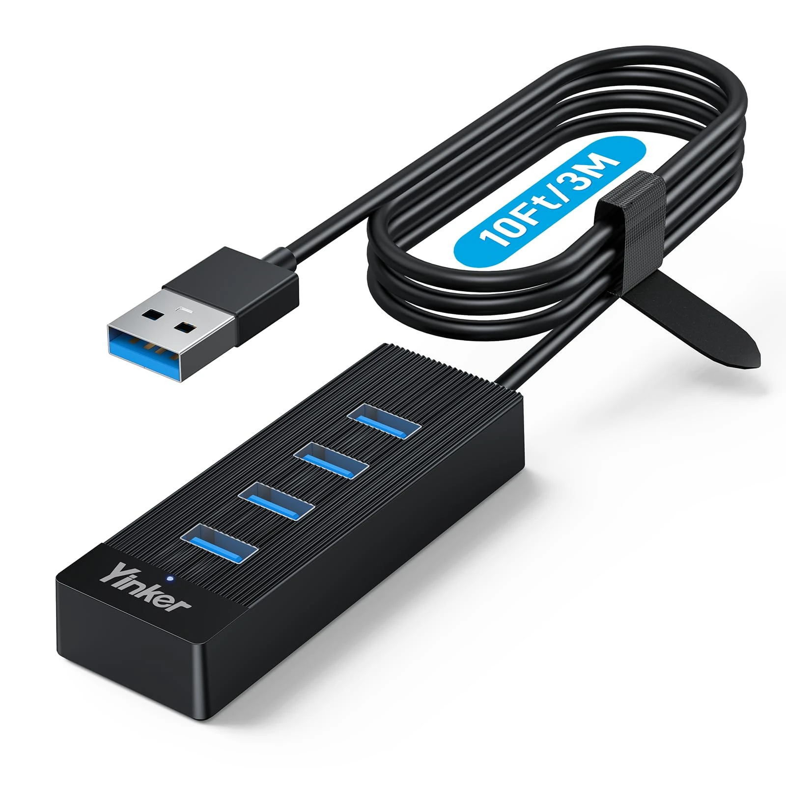 Yinker 4 Port USB 3.0 Hub 10FT/3M Cable with 5 Gbps Speed & 5V USB-C Power Supply – USB hub Splitter for Office, Home Office, Gaming, and External Devices