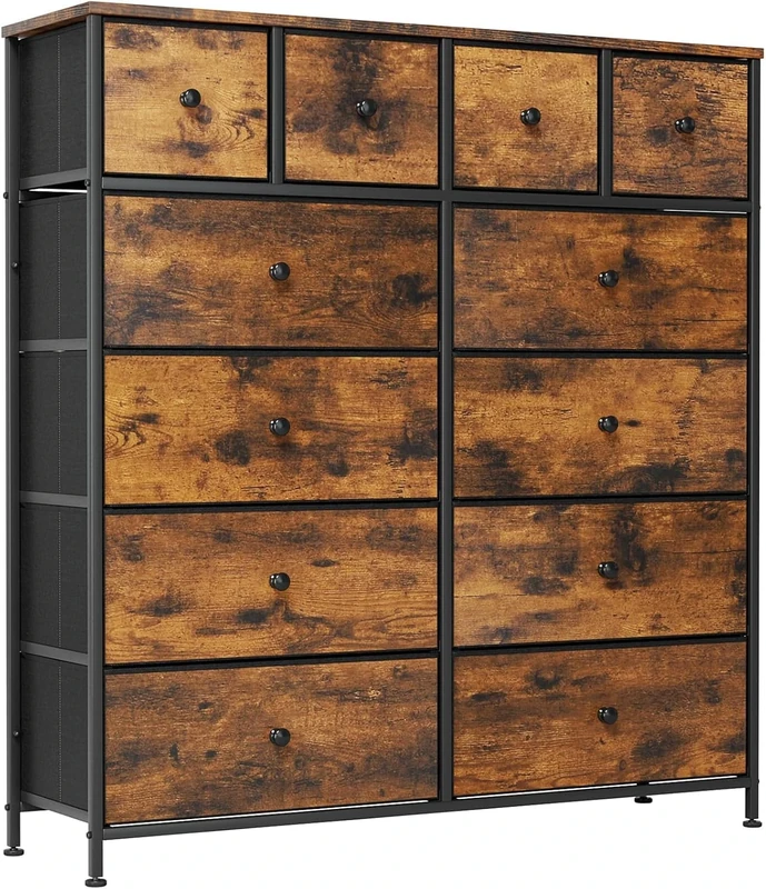 Clevich Chest of Drawers, Five-Layer Storage Cabinet with 12 Drawers Bedroom, 104 * 30 * 111 cm, Industrial Chest of Drawers, Metal Frame, Wood Surface Fabric Drawers for Hallway Living Room (Brown)