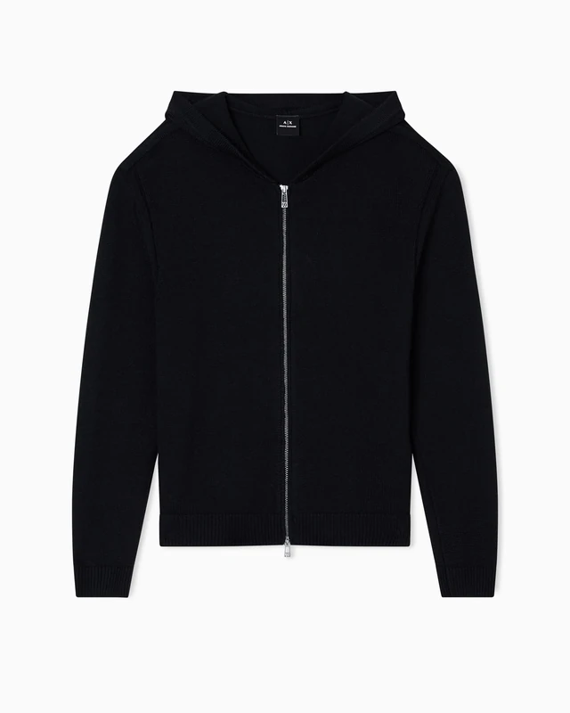 Armani Exchange Men's Cozy, Long Sleeve Back Logo Patch Hood Cardigan Sweater, Black, XL