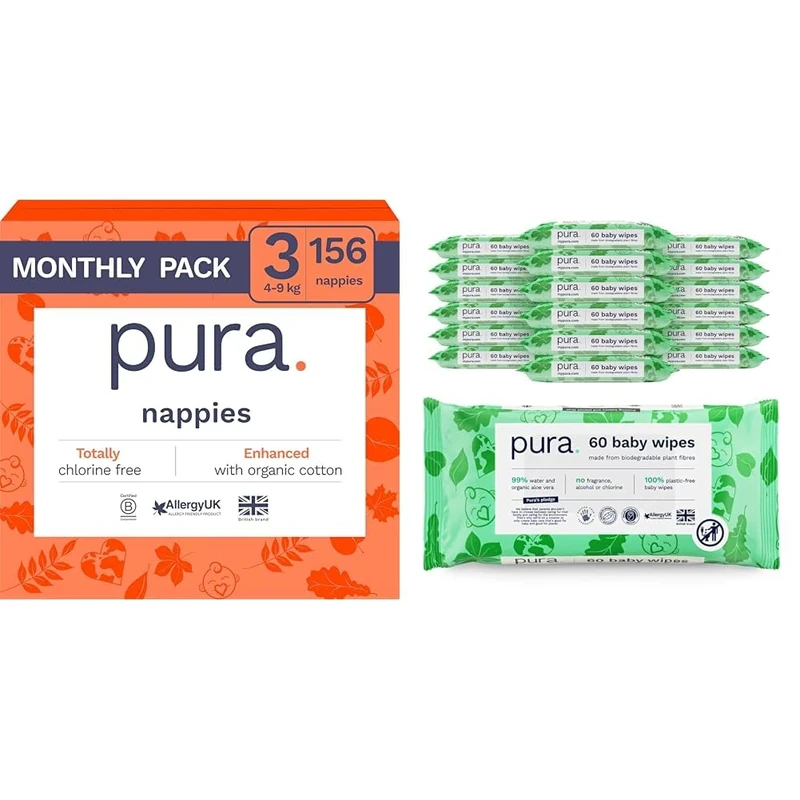 Pura Bundles of Joy - Size 3 (4-9kg / 9-20 lbs), 6 x 26 Nappies (156 Total) + 18 Packs of 60 Baby Wipes (1080 Wipes), Ultra Soft Nappies & Wipes, Gifts for Parents