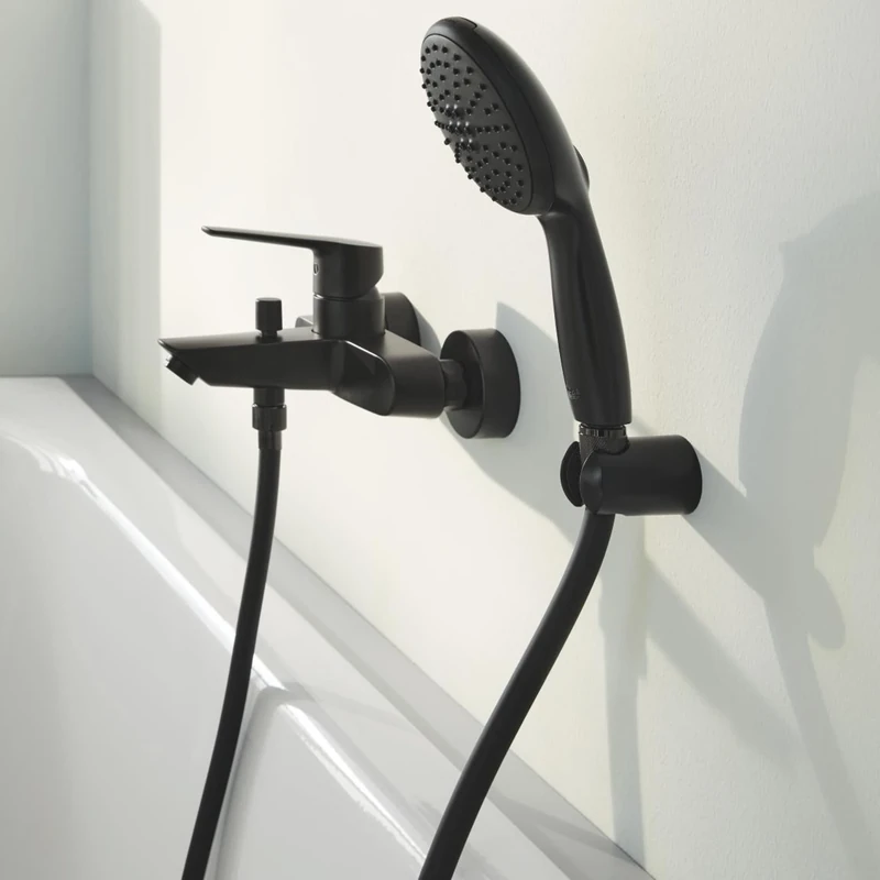 GROHE Start Bath Filler Mixer Tap & Vitalio Start 110 Shower Set (Wall-Mounted, 35 mm Ceramic Cartridge, Automatic Diverter: Bath/Shower, Round 11cm Hand Shower, 1.75m Hose, Wall Holder), Matt Black