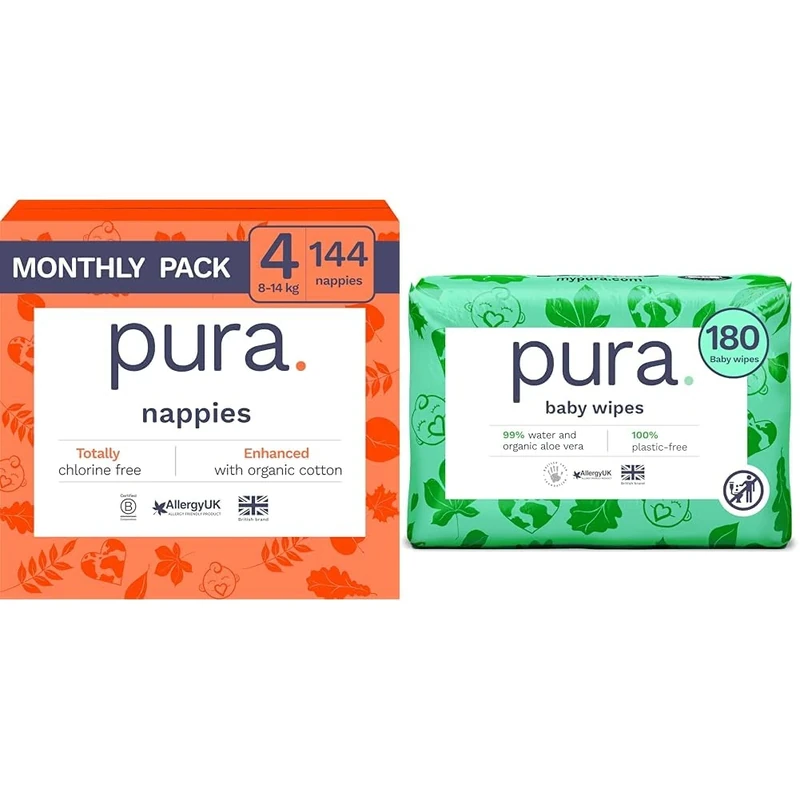 Pura Bundles of Joy - Size 4 (8-14kg / 18-31 lbs), 6 x 24 Nappies (144 Total) + 6 x 60 per Pack, (360 Wet Wipes), Ultra Soft Nappies & Wipes