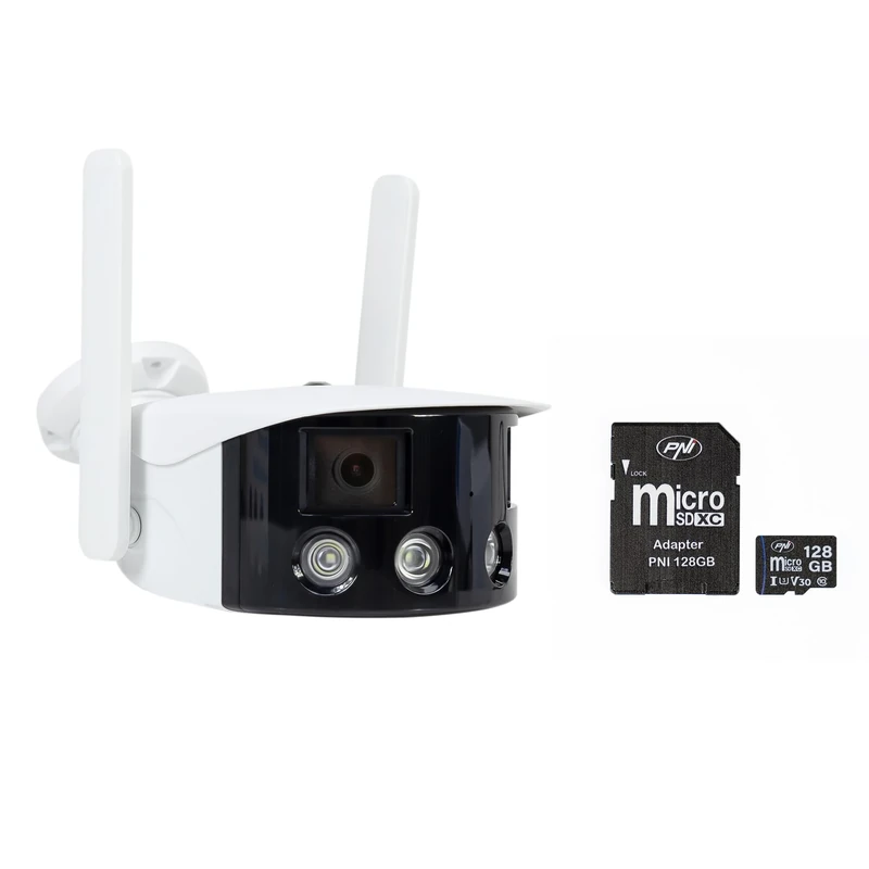 PNI IP590 video surveillance camera package, wireless, with IP, Dual lens, 2 x 2MP 128GB MicroSD memory card with SD adapter