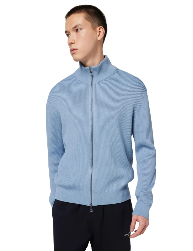 Armani Exchange Men's Long Sleeve Back Logo Patch Zip Closure, Cardigan Sweater, Blue, XXL, Faded Denim, XXL