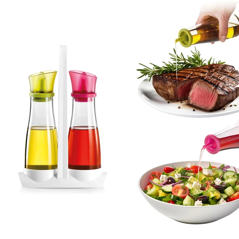 Avilia Table Set Oil and Vinegar 250 ml – Made of Robust Glass – Flexible Silicone Spouts – Green and Burgundy Coloured Caps – Comfortable and Elegant Stand – Easy to Clean - Image 1