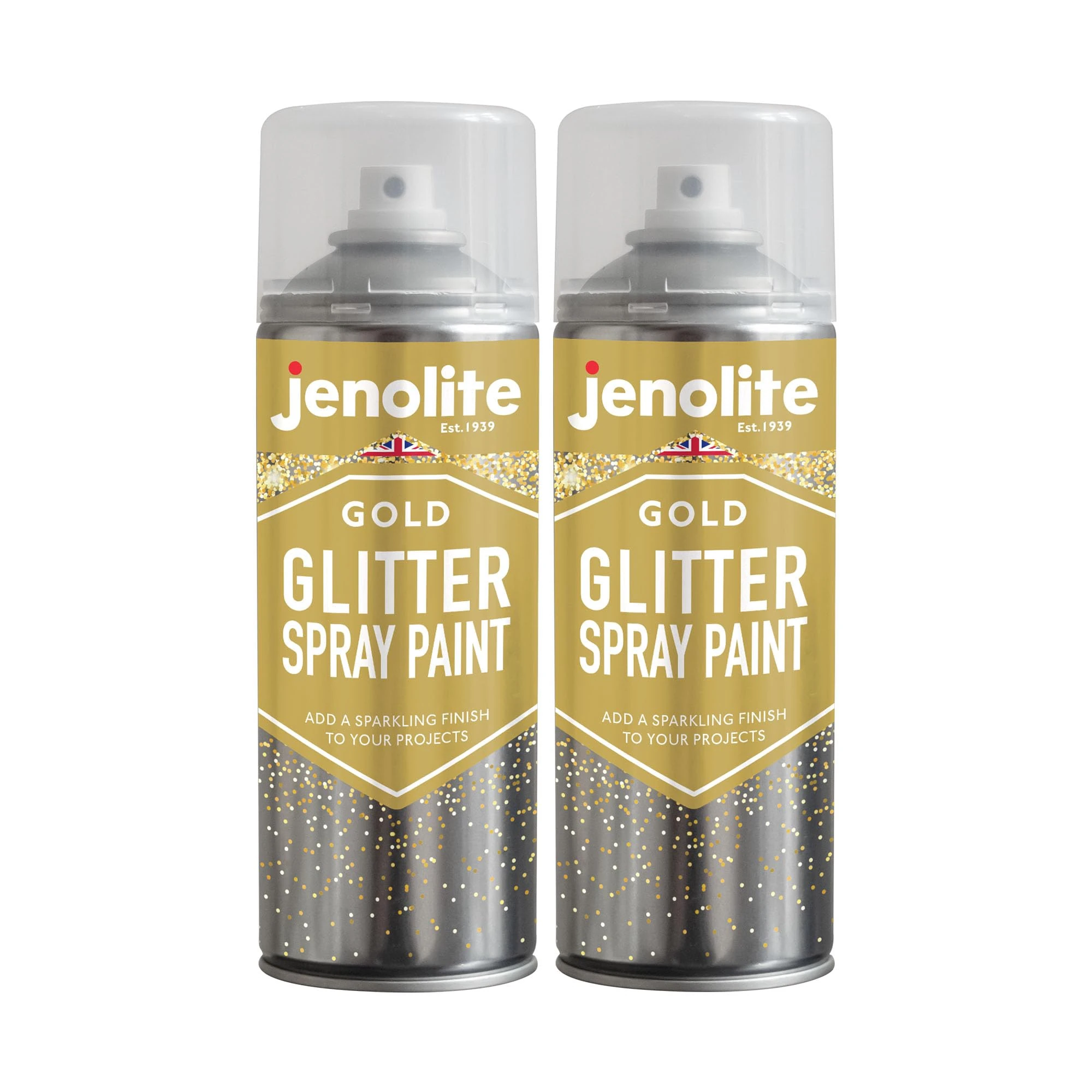 JENOLITE Glitter Spray Paint | Gold Glitter Spray In Clear Sealant | 2x400ml | Clear Lacquer With Fine Glitter | Multi-Surface | Ideal for Picture Frames, Mirrors, Ornaments & Crafting