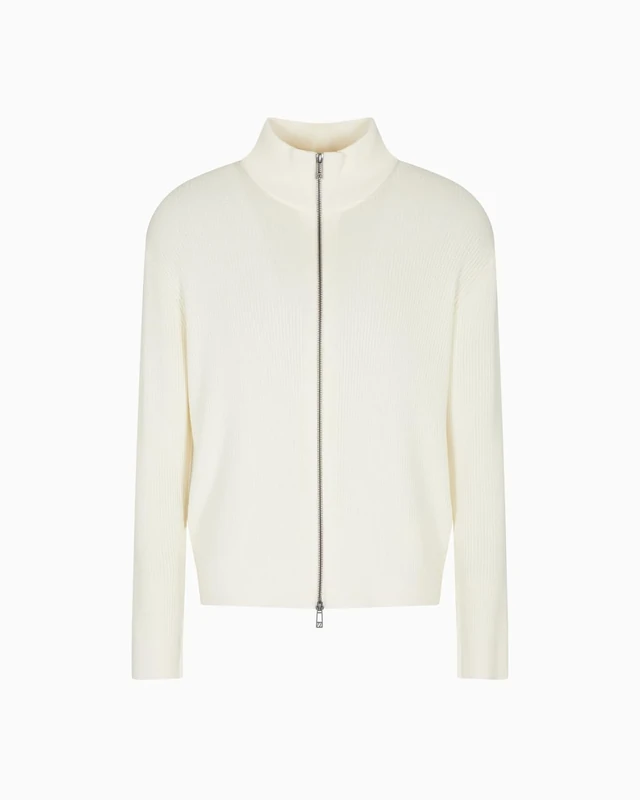 Armani Exchange Men's Long Sleeve Back Logo Patch Zip Closure Cardigan Sweater, Off White, XL