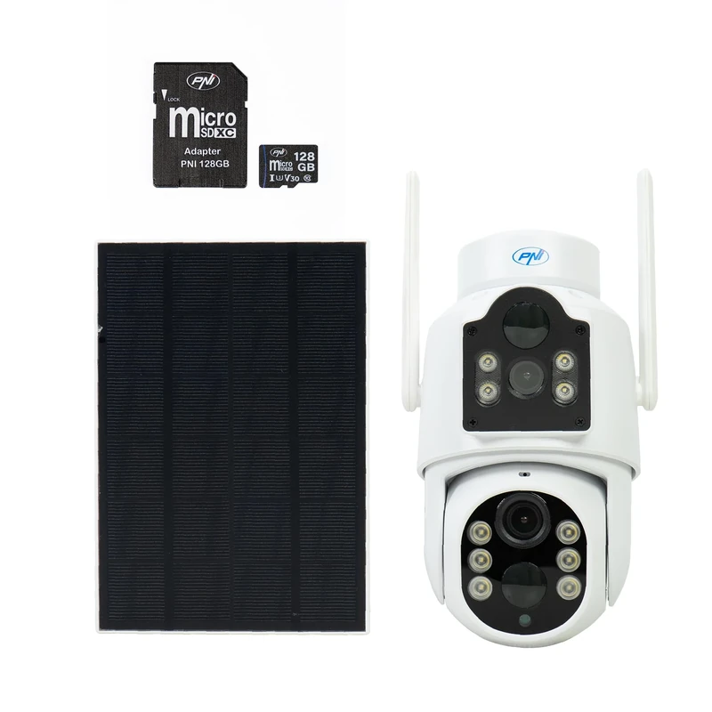 PNI IP792 Video Surveillance Camera, Dual Lens 2MP + 2MP, 3W Solar Panel and MicroSD 128GB Memory Card Included
