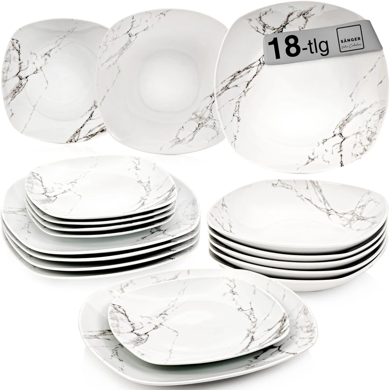 SÄNGER Bilgola Marble White Dinner Service, 18-Piece Crockery Set for 6 People with Soup, Dessert & Dinner Plates Made of Porcelain, Plate Set, Dinnerware, Square, Premium Collection