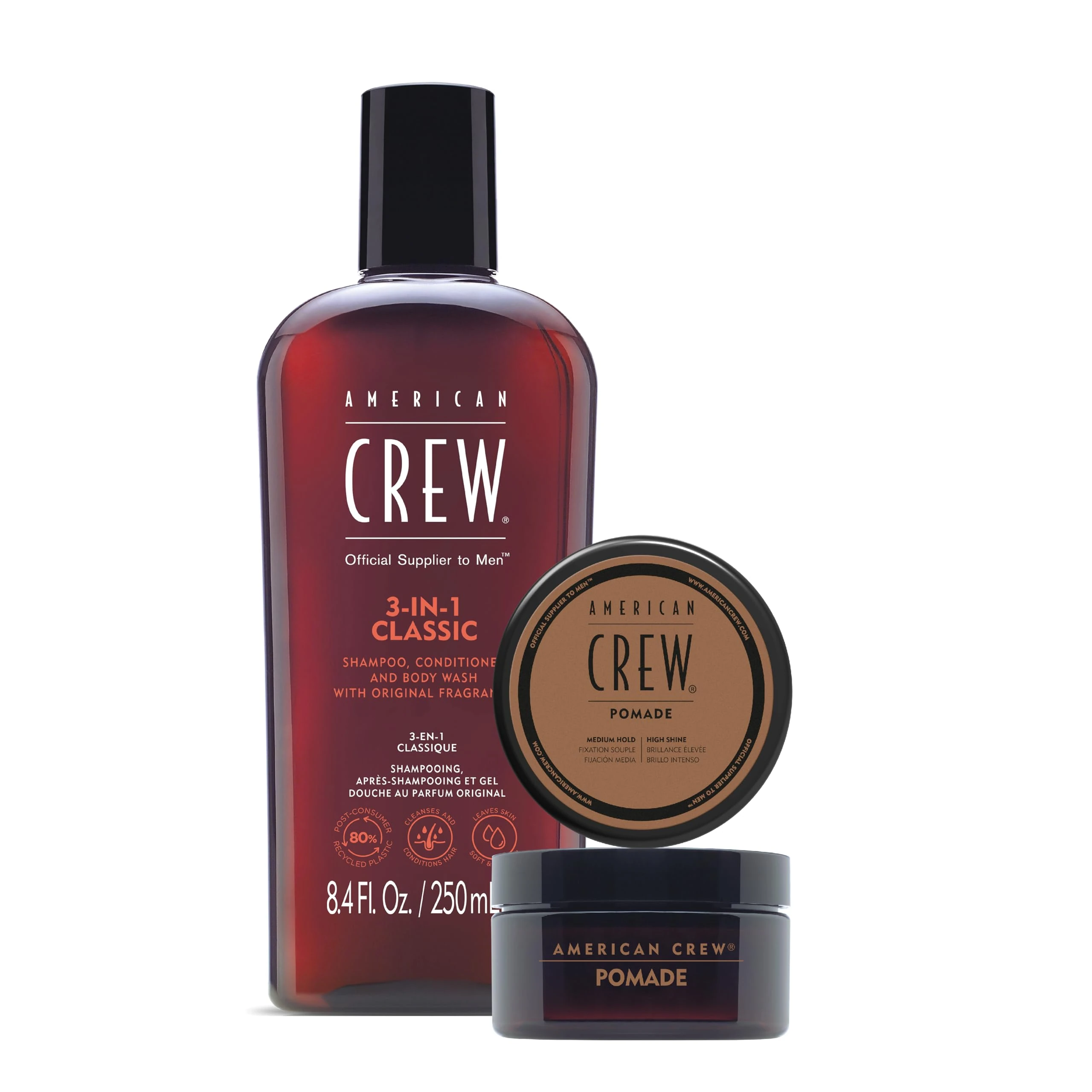 American Crew Duo Set: 3-in-1 Classic Shampoo, Conditioner & Body Wash (250ml) + Pomade (50g) | Hair & Body care Duo for Men