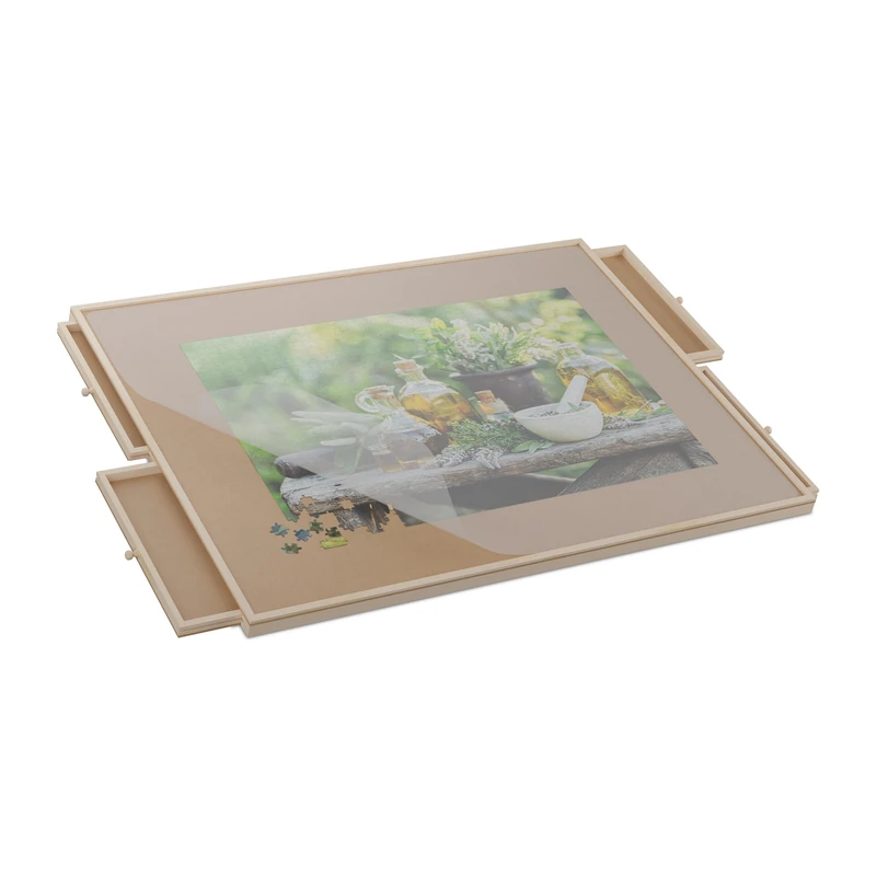 Relaxdays Puzzle Board with 4 Drawers, Fits Jigsaw up to 1500 Pieces, Tiltable, Rotatable, Wooden, Hobby Table, Natural, Wood, 4 x 93 x 67 cm