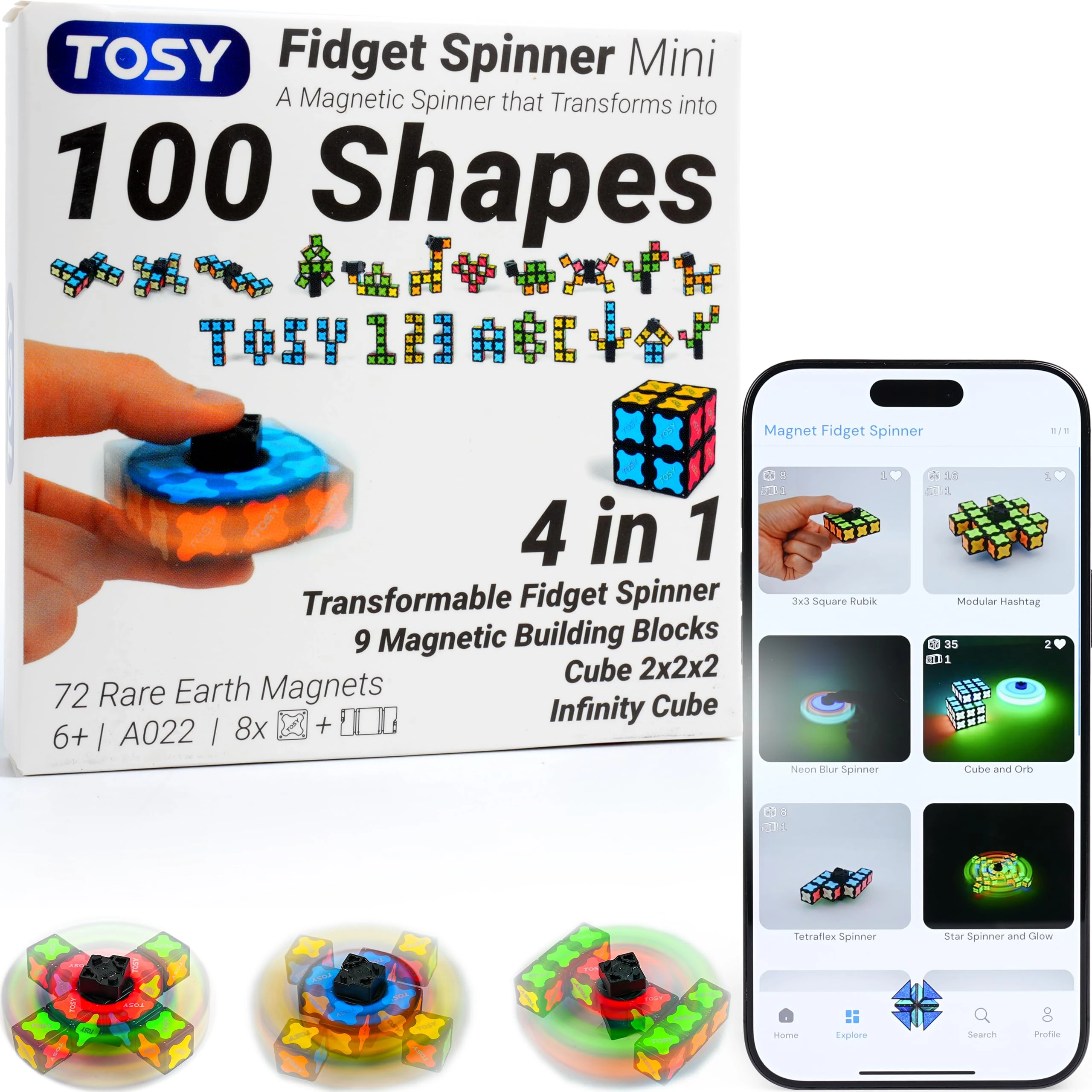 TOSY Magnet Fidget Spinner Mini - 8 blocks, 3 in 1 Toy: Transformable Fidget Spinner, Infinity Cube, 2x2 Puzzle Cube, Christmas Stocking Stuffers Gift for Kids/Adults, STEM Sensory Stress Relief Toy