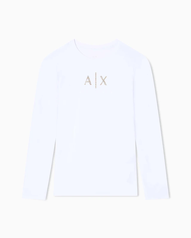 Armani Exchange Women's Long Sleeve Front Rhinestone Logo Slim Fit Shirt, White (Optic White), XL