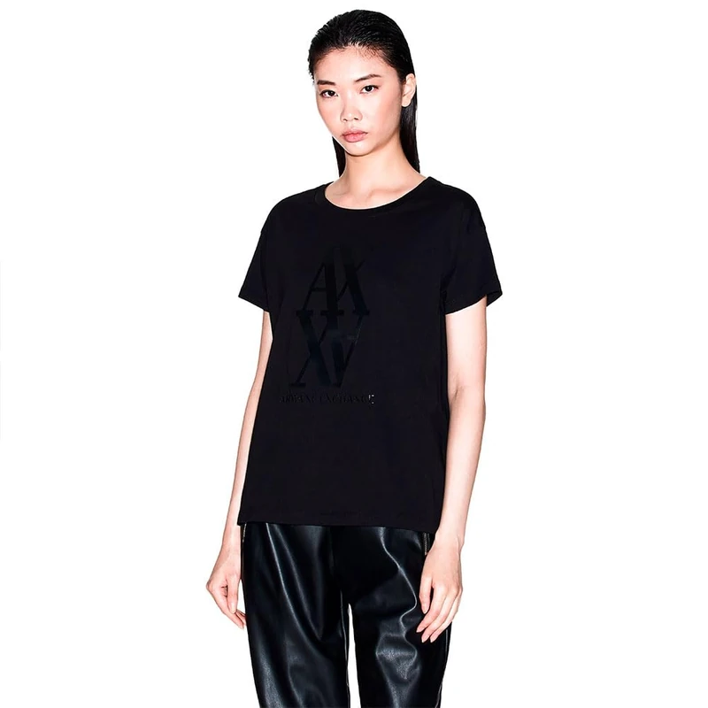 Armani Exchange Women's Short Sleeve On Tone Logo Print Regular Boxy Fit T-Shirt, Black, XL