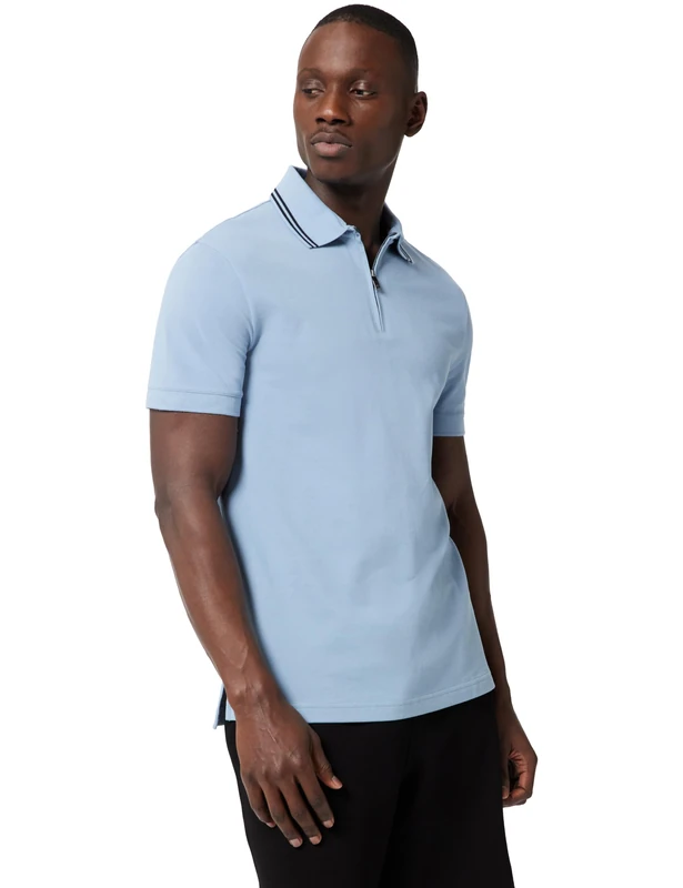 Armani Exchange Men's Urban Short Sleeve Zip Closure Collar Polo Shirt, Faded Denim, M