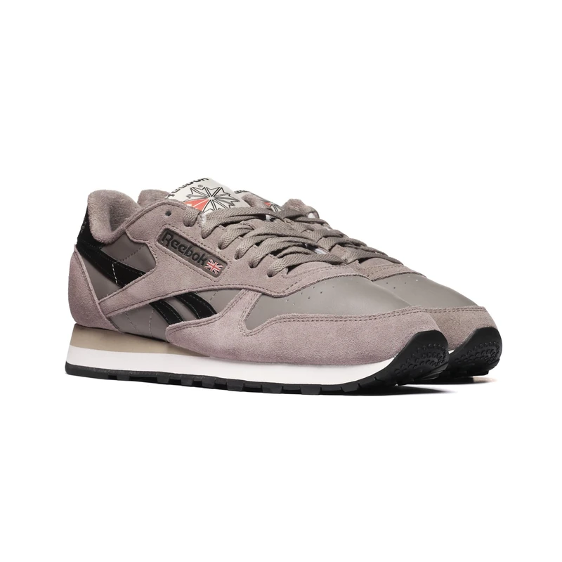 Reebok Unisex Classic Leather Trainers, Gritty Grey/Washed Black/Energy RED, 42.5 EU, Gritty Grey Washed Black Energy Red, 8.5 UK