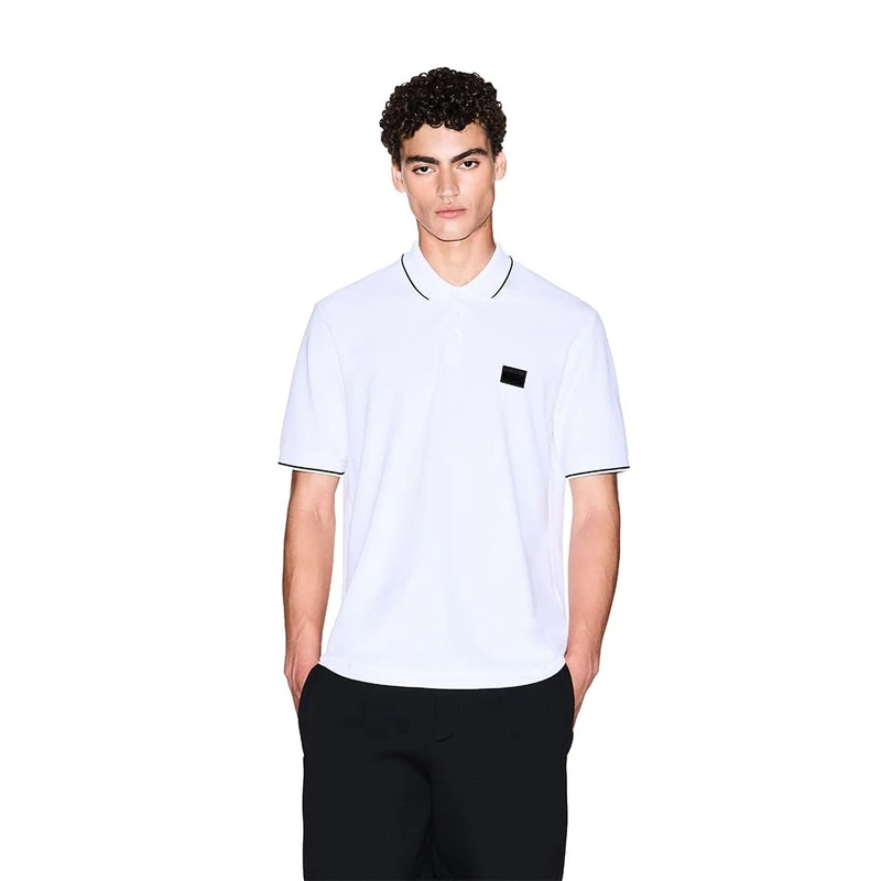 Armani Exchange Men's Short-Sleeved Side Logo Patch Three-Button Collar Polo Shirt, White, L