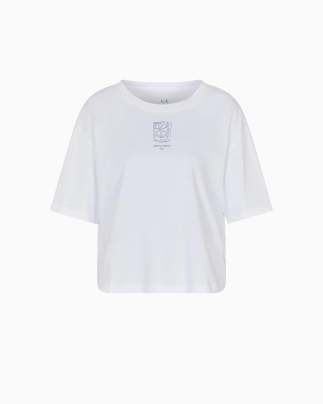 Armani Exchange Women's Short Sleeve Drink Print Cropped Fit T-Shirt, White, M