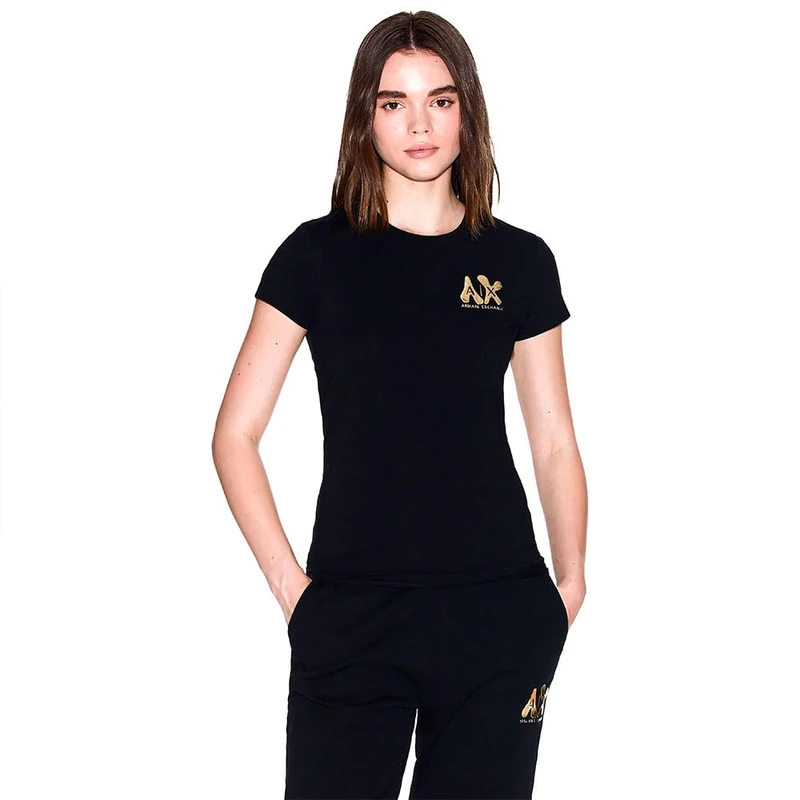 Armani Exchange Women's Short Sleeve Side Gold Logo Print Slim Fit T-Shirt, Black, XS